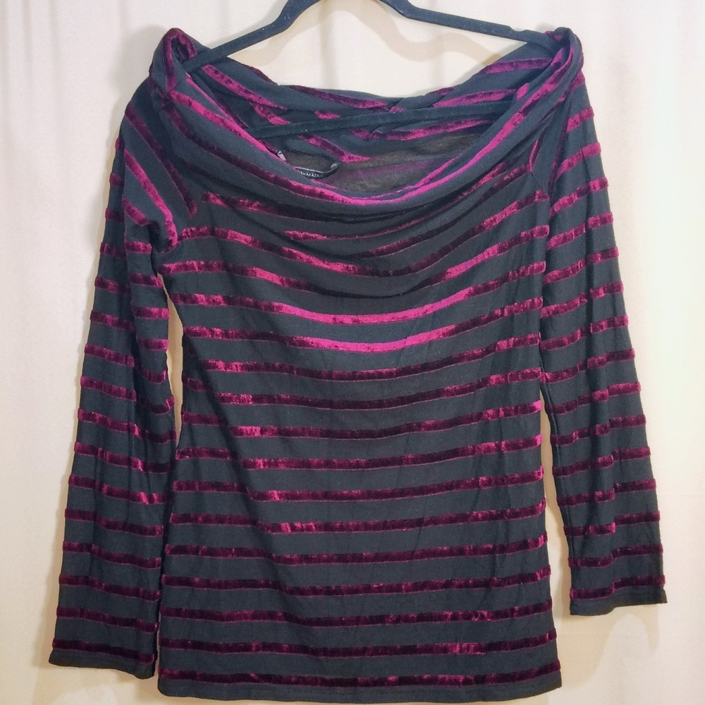 BCBG MaxAzria Velvet Stripe Top Women L Off Shoulder Draped Whimsigoth Witchy